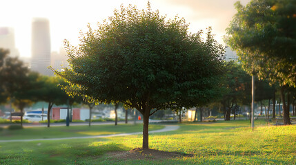 Obraz premium A lone tree stands in a green park with tall buildings