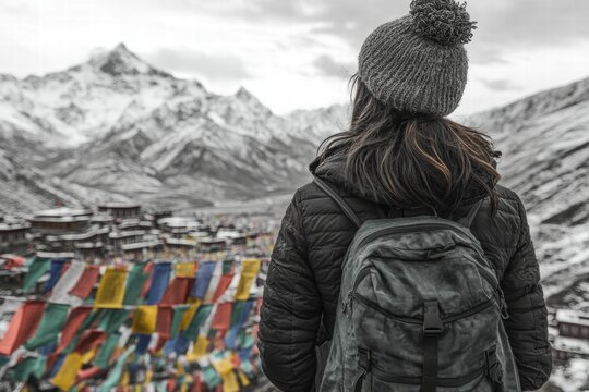 Grayscale image of a traveler in the mountains