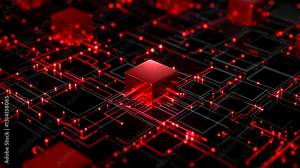 Poster red glowing cube on intricate circuit board with black background and futuristic technology design