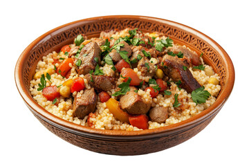 Algerian couscous with lamb and vegetables isolated on transparent white background