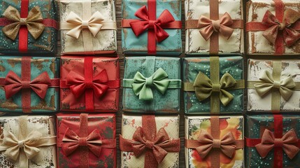 A wall of colorful, festively wrapped gift boxes, all tied with twine and adorned with various decorative elements.