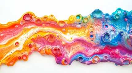 Naklejka premium Colorful abstract fluid art with vibrant swirls, bubbles, and dynamic textures