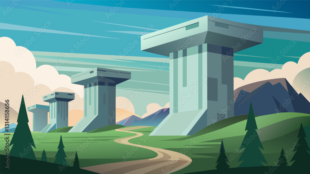 Poster large concrete structures looming over the surrounding landscape dominating the horizon.. vector ill