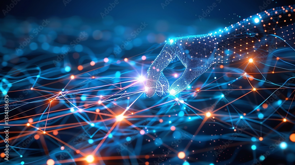 Poster a digital rendering of a hand reaching out to touch a glowing node in a network of lines.