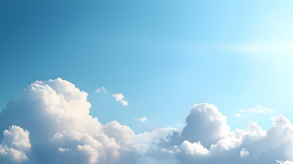 Bright Blue Sky With Fluffy White Cumulus Clouds And Sun Rays In A Serene Atmospheric Nature Background