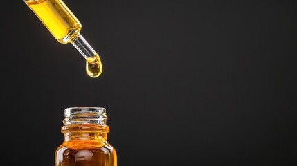 Golden Liquid Dropping From Glass Dropper Into Brown Bottle On Dark Background