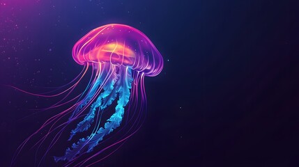 A glowing neon jellyfish floating gracefully in deep blue water, its tentacles flowing, isolated on black