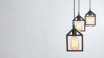 Three Modern Black Geometric Pendant Lamps With Edison Bulbs Against A Simple White Wall Background In A Contemporary Minimalist Interior Design