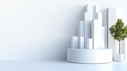 Modern white geometric structures with greenery.