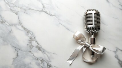Fototapeta premium Eco-Friendly Ribbon Microphone Flat Lay on Marble Background - Sustainable Recording Studio