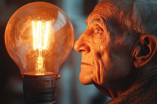 An elderly man gazes intently at a glowing Edison bulb, a scene evocative of wisdom and contemplation.