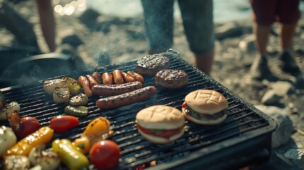Beach BBQ grilling burgers, sausages, and vegetables.