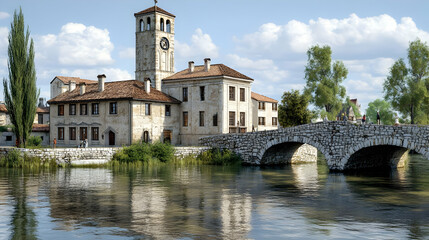 Fototapeta premium Picturesque Village with Stone Bridge and Clock Tower