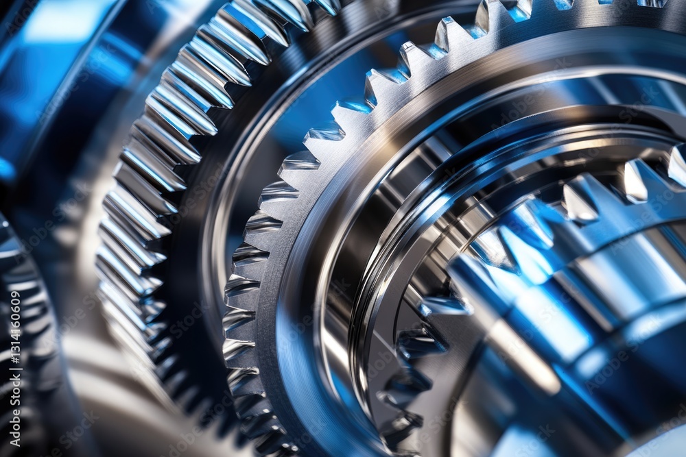 Poster close-up of intricate metallic gears intermeshing, showcasing precision engineering and industrial m