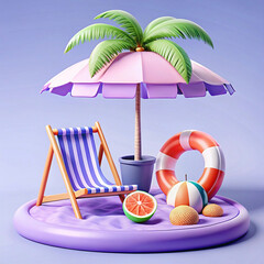 Idyllic summer beach scene with lounge chair, umbrella, palm tree, life preserver, and fruit.