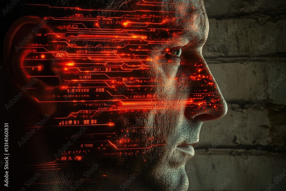 Aufkleber a man's face overlaid with glowing circuit board patterns, symbolizing technological integration.