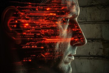 A man's face overlaid with glowing circuit board patterns, symbolizing technological integration.