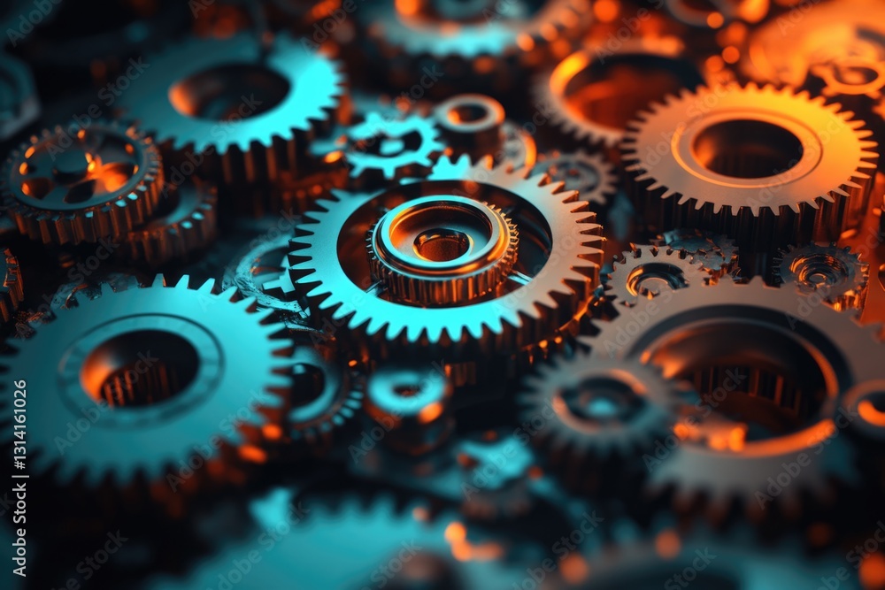 Poster intricate metal gears interlock, creating a complex, mesmerizing machine of precision engineering.