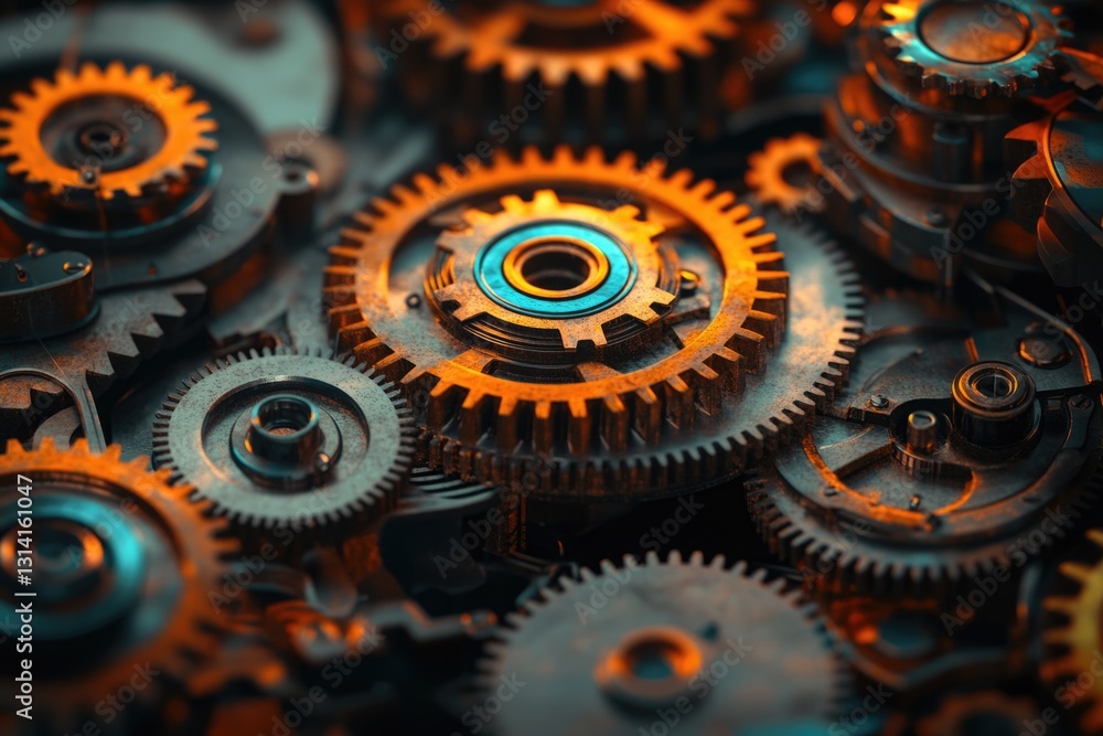 Poster intricate clockwork gears interlock, showcasing precision engineering and complex mechanisms.