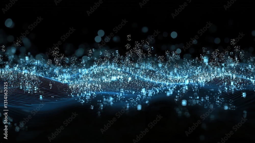 Poster abstract blue digital waveform with glowing particles on black background illustrating data technolo