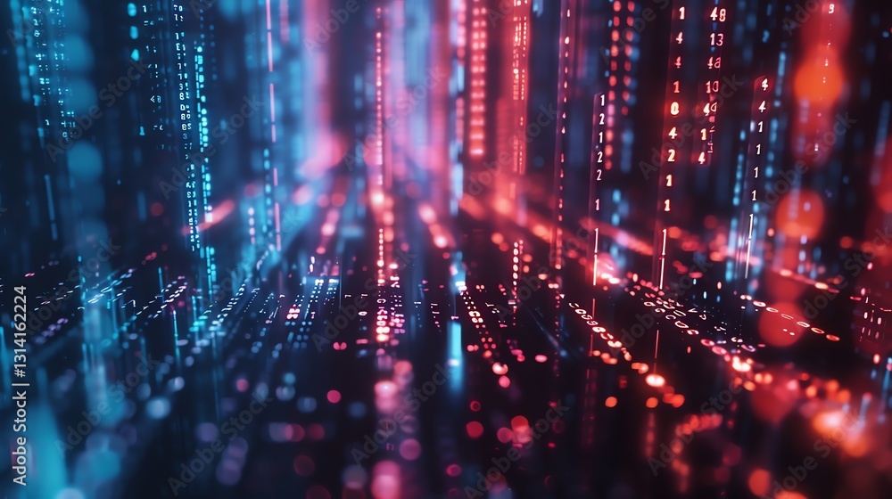 Poster a digitally rendered image of a glowing, abstract circuit board, representing technology.