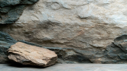Naklejka premium A Textured Stone Wall Features a Large Rock on a Surface