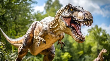 Obraz premium A roaring T-Rex with razor-sharp teeth and scaly skin, standing tall, isolated on a prehistoric jungle background
