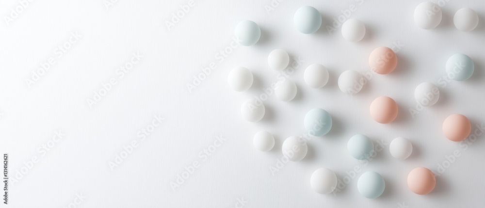 Poster group of small, round objects arranged in a scattered manner on a white background.