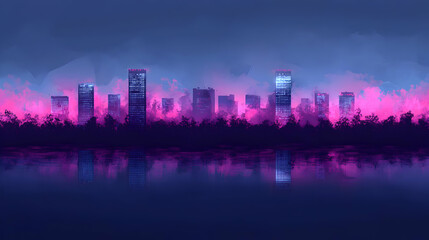 Pink and Purple Neon City Skyline Reflected in Water at Night