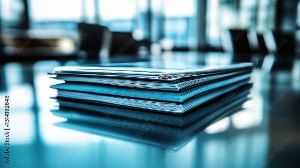 Poster stacked blue folders on a reflective surface in a modern office setting with blurred background