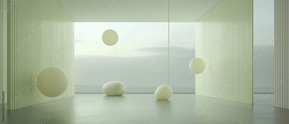 Poster empty room with a large window that offers a view of the mountains in the distance. the room has a w