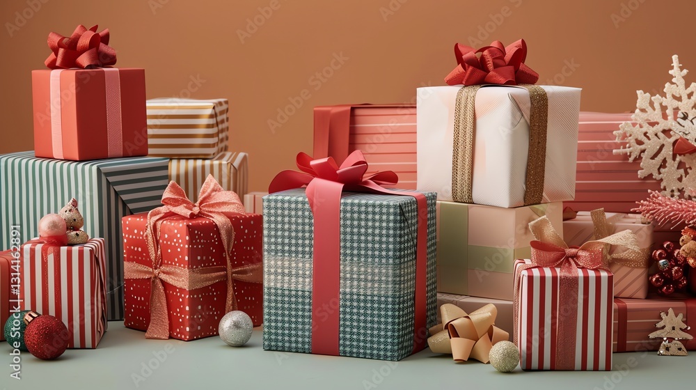 Poster a collection of festively wrapped presents in various colors and patterns, creating a festive and ce