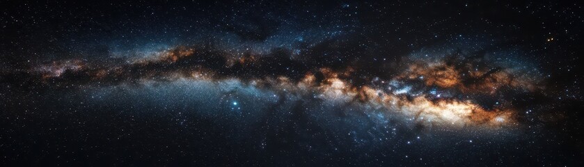 Fototapeta premium A breathtaking aerial view of a vibrant galaxy, showcasing swirling clouds of colorful nebulae and a star-filled sky, twinkling with countless stars against a deep cosmic backdrop.