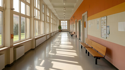Empty School Hallway With Sunlight Streaming Through Large Windows And Wooden Benches Casting Long Shadows On The Polished Floor In Modern Building