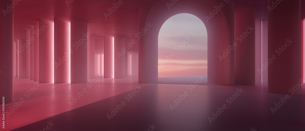 Poster empty room with a large archway in the center. the archway is made of white columns and is surrounde