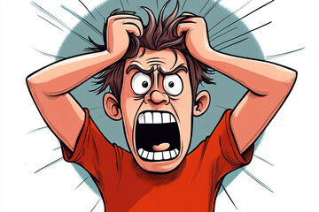 Cartoon character trying to pull his hair out and yelling signifying stress or anger