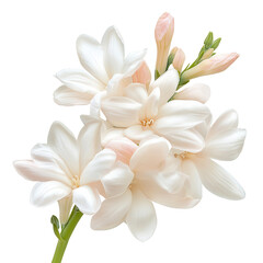 Fototapeta premium Blossoming Elegance: A pristine cluster of white hyacinth blossoms unfurls in delicate detail. The image captures their velvety texture, hints of soft pink.