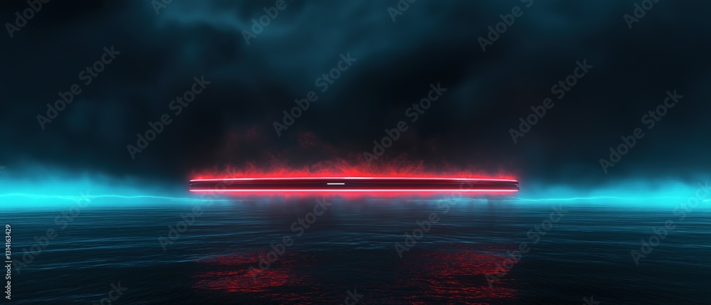 Poster digital art piece that appears to be a 3d rendering of a futuristic landscape. the background is dar