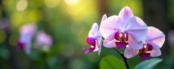 Delicate white and purple orchids bloom in vibrant garden , botanical, vibrant