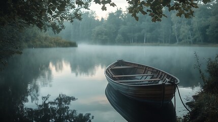 Serene misty lake scene with a small wooden rowboat moored at the lakeshore.