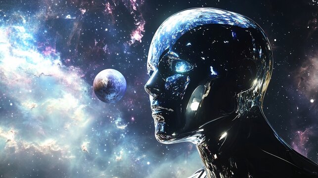 Contemplation of Cosmos: A Metallic Being Gazes Upon a Distant Planet Amidst a Starry Nebula
