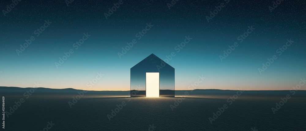 Poster digital illustration of a small house in the middle of a vast desert landscape. the house is made up