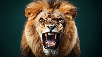 Fototapeta premium A roaring lion with a golden mane, its mouth open revealing sharp teeth, with intense eyes, isolated on a dark gradient background