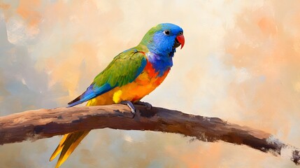 Naklejka premium A vibrant tropical parrot perched on a wooden branch, its colorful feathers bright and vivid, against a simple soft-focus background
