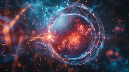 A digital, glowing representation of the Earth, with lines and dots forming continents.