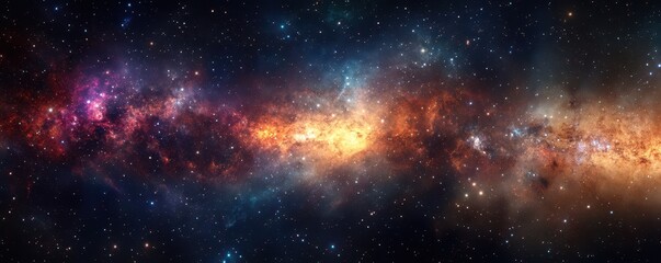 Fototapeta premium A stunning aerial view of a vibrant galaxy, showcasing a dazzling star field filled with twinkling stars in various sizes and colors, set against a deep cosmic backdrop.