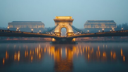 Fototapeta premium Suspension bridge glows over river in urban landscape on foggy morning
