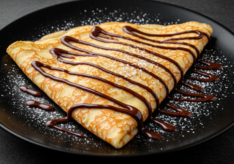 Indulge in a delicate crepe drizzled with rich chocolate syrup on a sleek black plate.