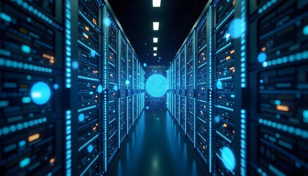 A futuristic data center with glowing AI optimization algorithms visualized as holograms.
