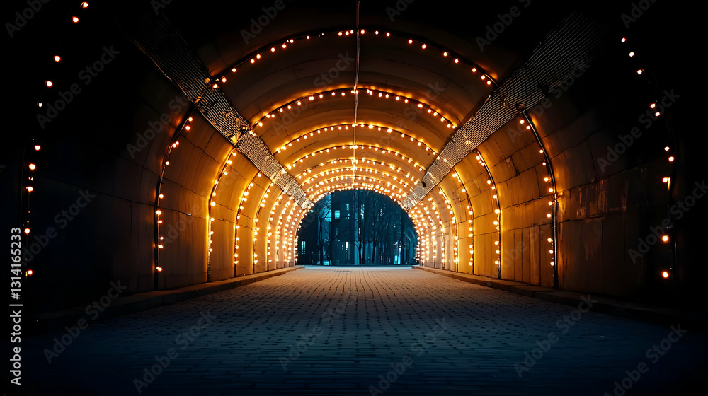 Poster illuminated tunnel at night with golden lights and empty pathway in a dark urban setting
